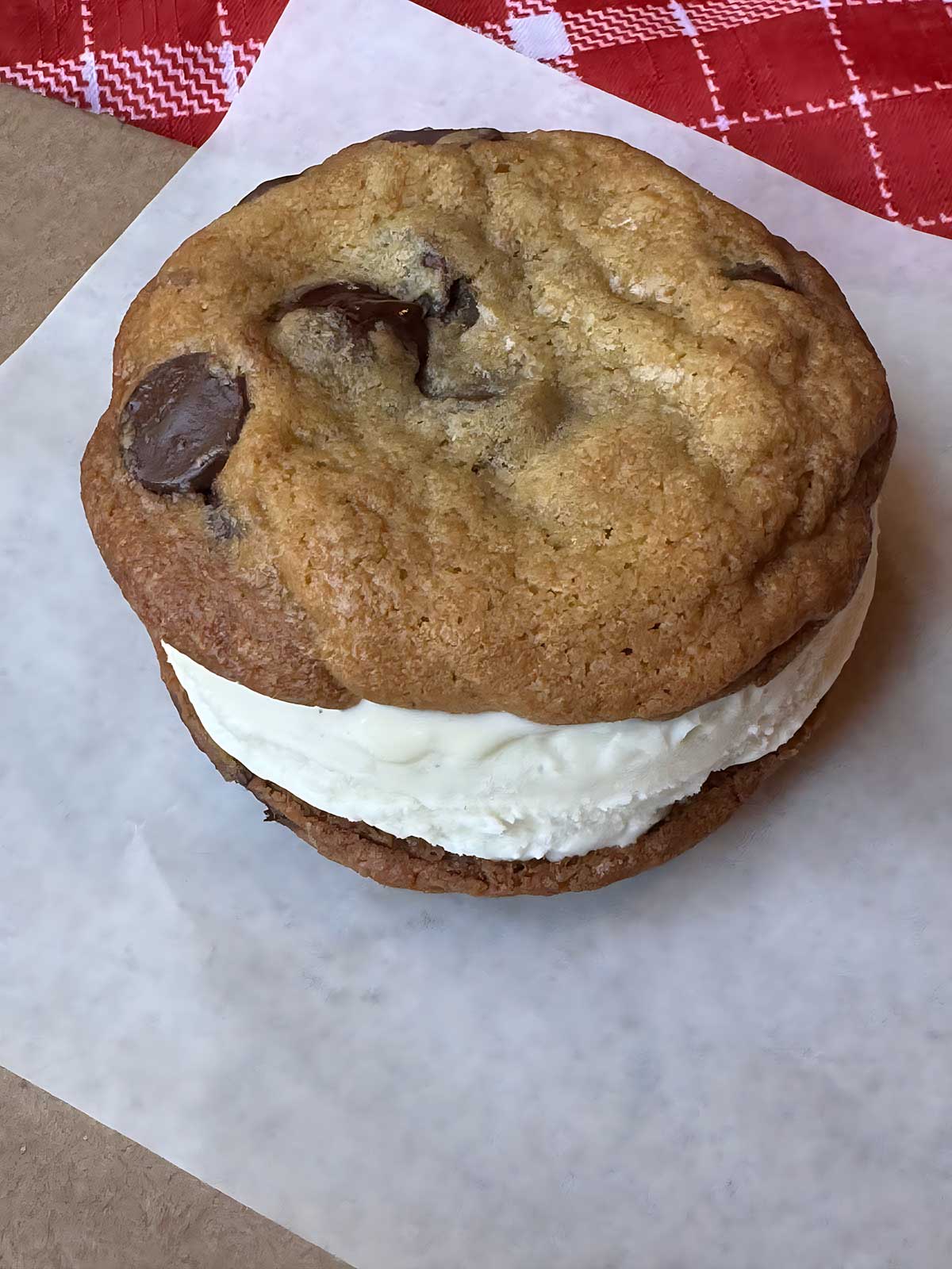 Cream Cheese Chocolate Chunk Cookies with ice cream sandwiched between for giant chocolate chunk ice cream sandwiches