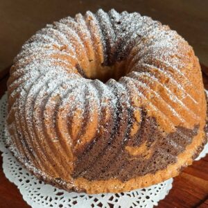 Lemon Molasses Marble Cake baked in a Nordic Ware Bavaria Pan.
