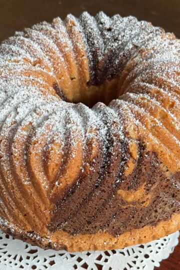 Lemon Molasses Marble Cake baked in a Nordic Ware Bavaria Pan.