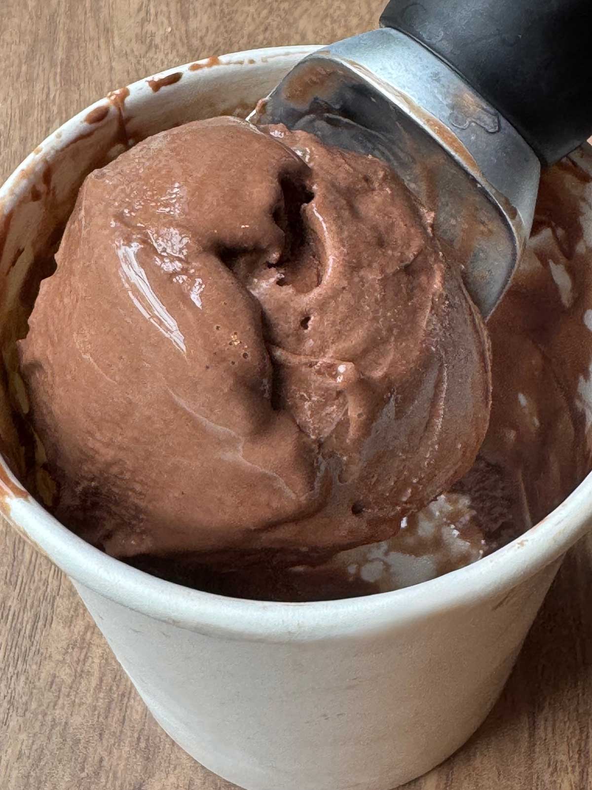 Allulose keeps the chocolate frozen yogurt scoopable after 24 hours.