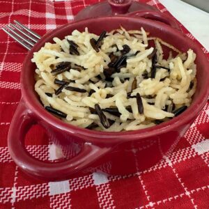 Baked Wild Rice For One in an individual size lidded pot
