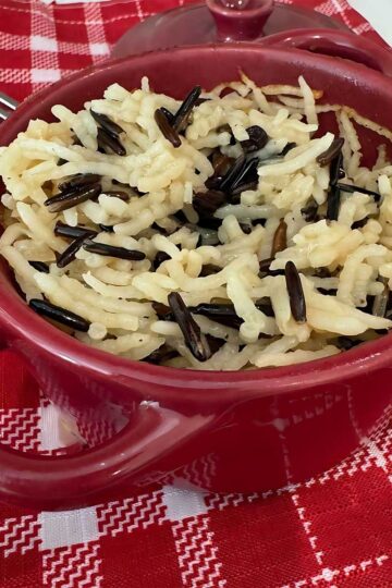 Baked Wild Rice For One in an individual size lidded pot