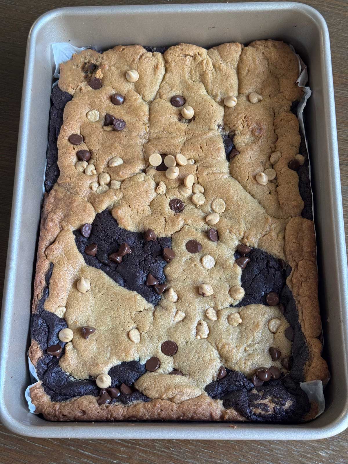 Peanut Butter Brookies in a 13x9 inch baking pan.