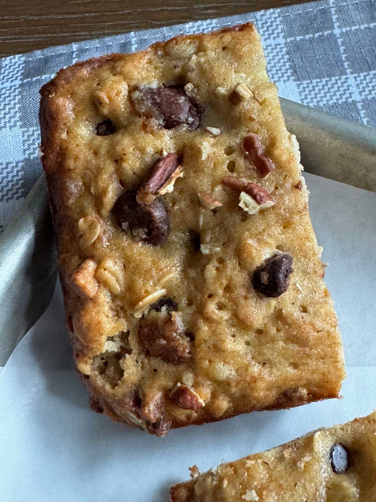 Brown Butter Banana Chocolate Chip Bars recipe baked in a loaf pan.