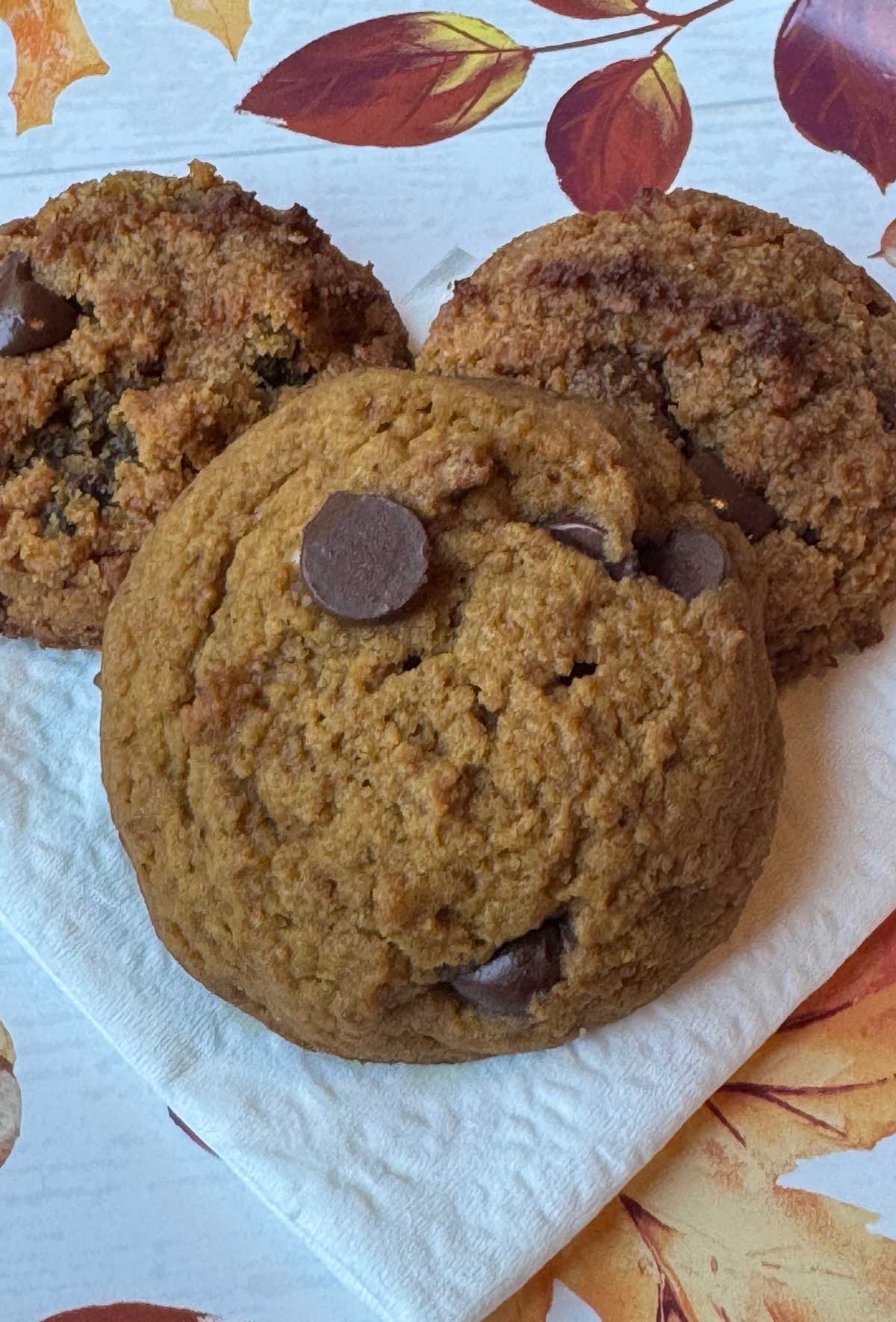 A recipe for almost sugar free pumpkin cookies with chocolate chips and allulose baking blend.