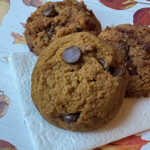 A recipe for almost sugar free pumpkin cookies with chocolate chips and allulose baking blend.