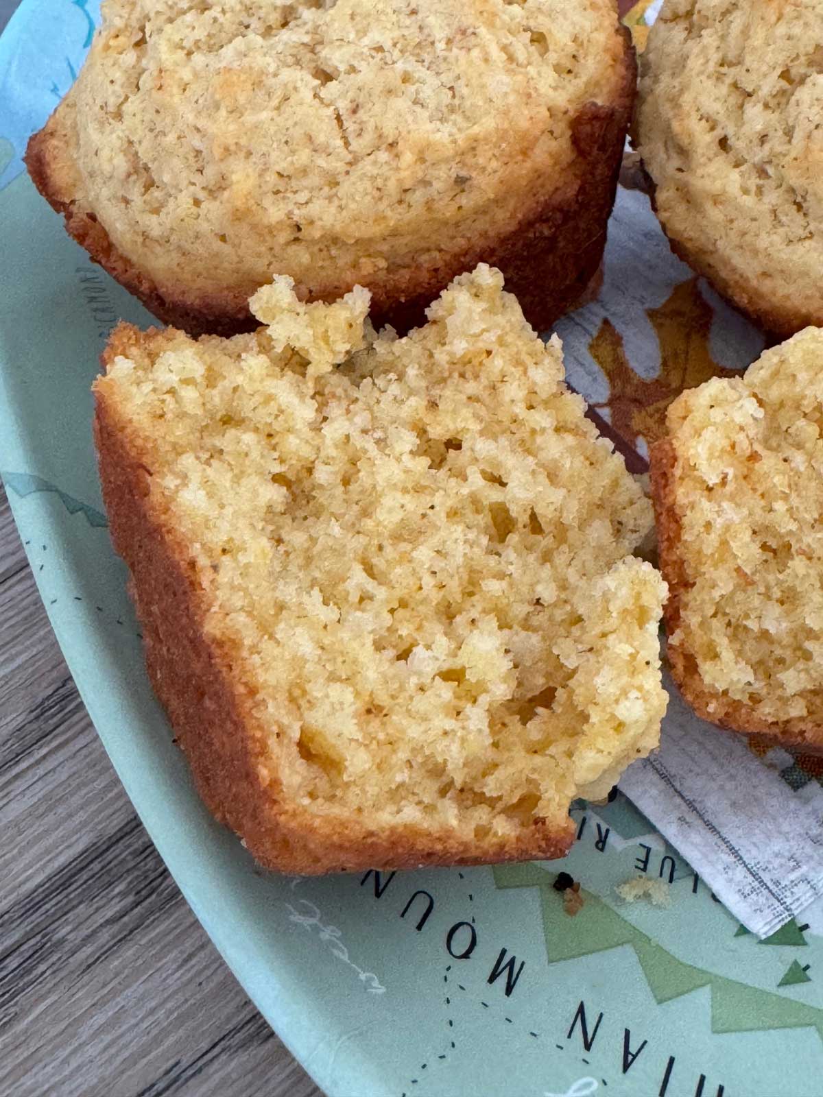 An easy recipe for basic corn muffins with chipotle powder. In this photo the muffin is split to show the crumbly texture.