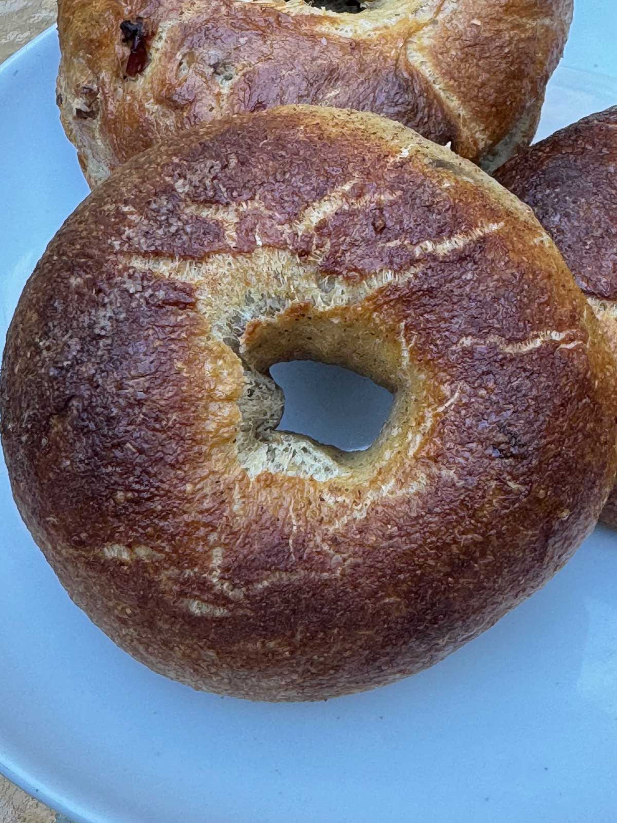 A cinnamon raisin bagel made with Raisin Bran cereal.