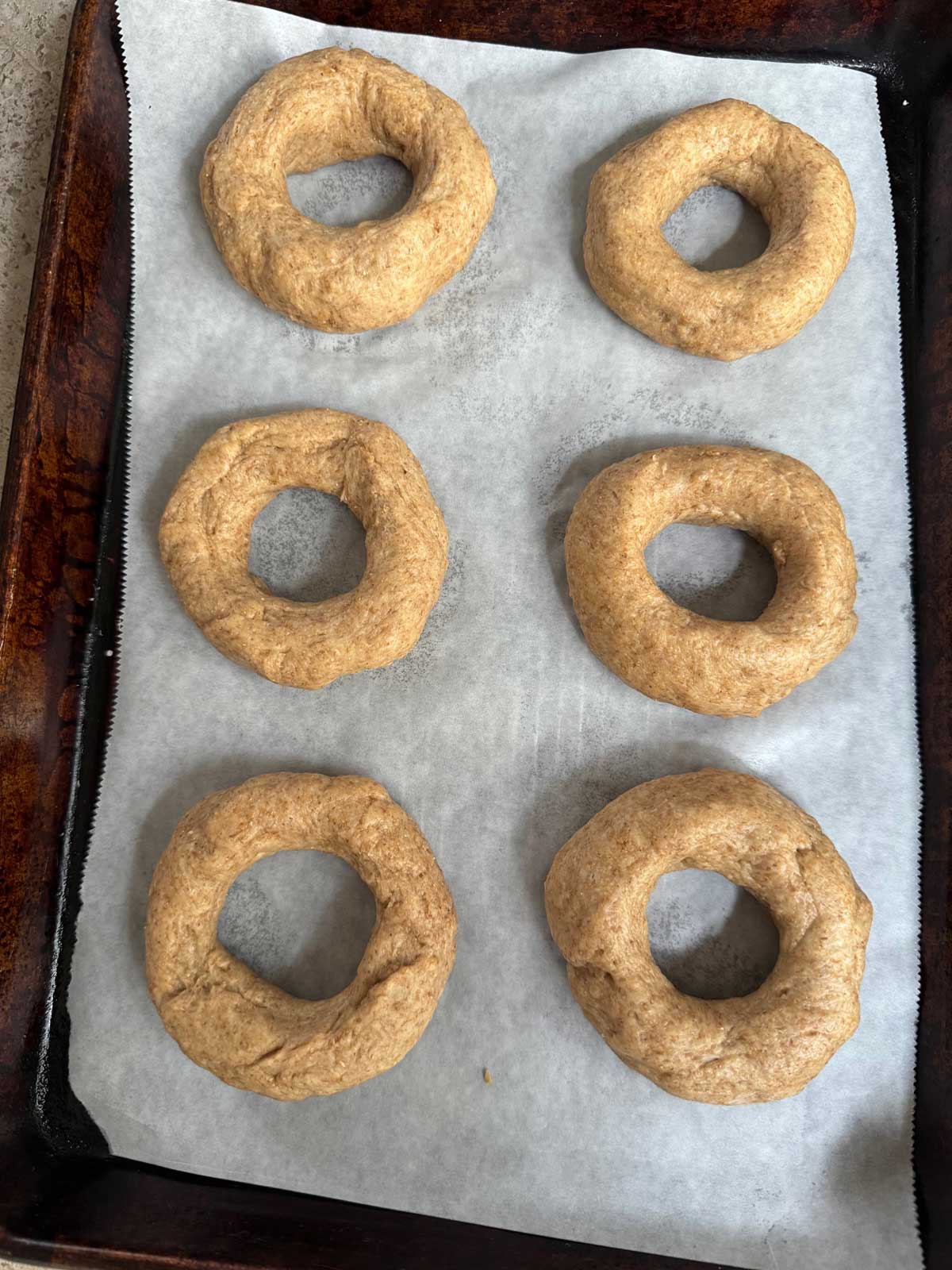 Shaped, unbaked bagels on a parchment lined baking sheet.