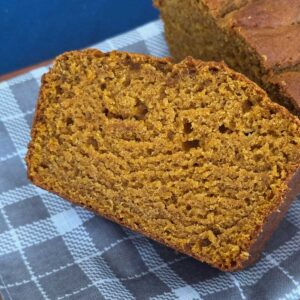 A slice of basic vegan pumpkin bread to go with a recipe.