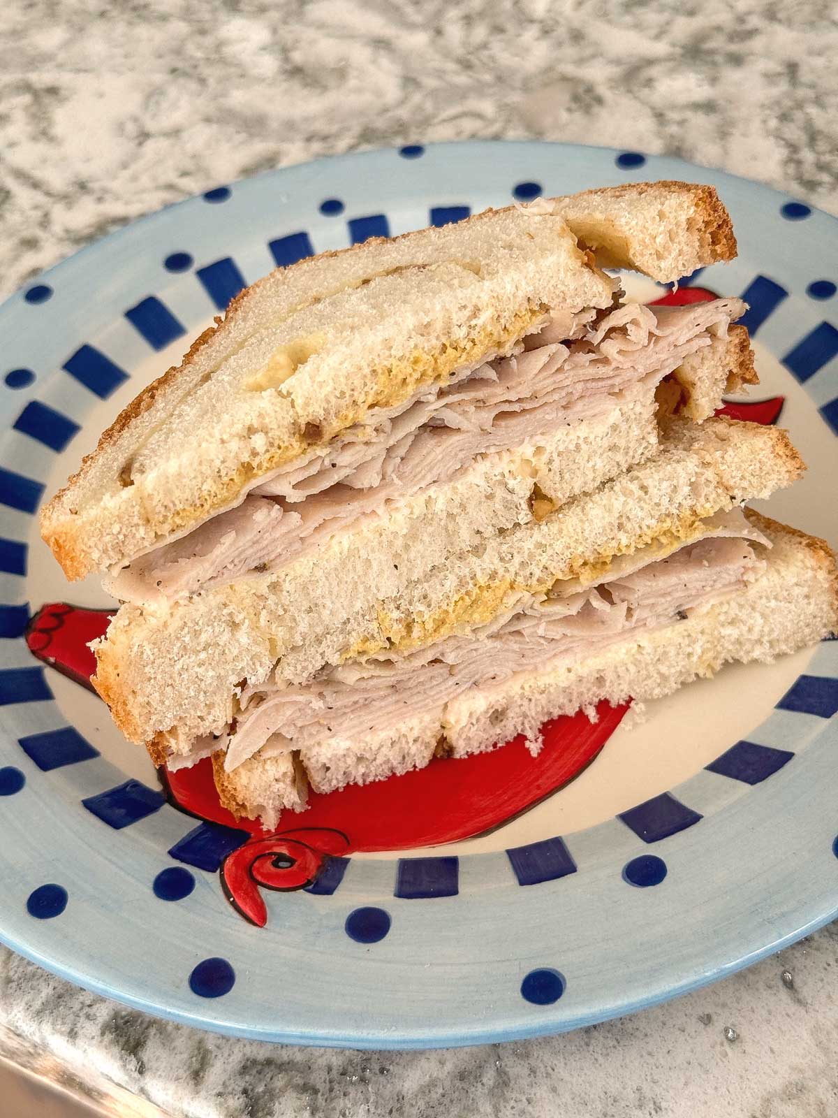 Sourdough bread with a cheese swirl and onion soup mix used for turkey sandwich.