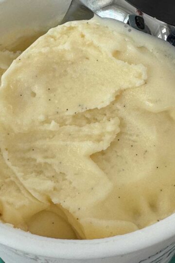Vanilla ice cream made with allulose and high protein milk.