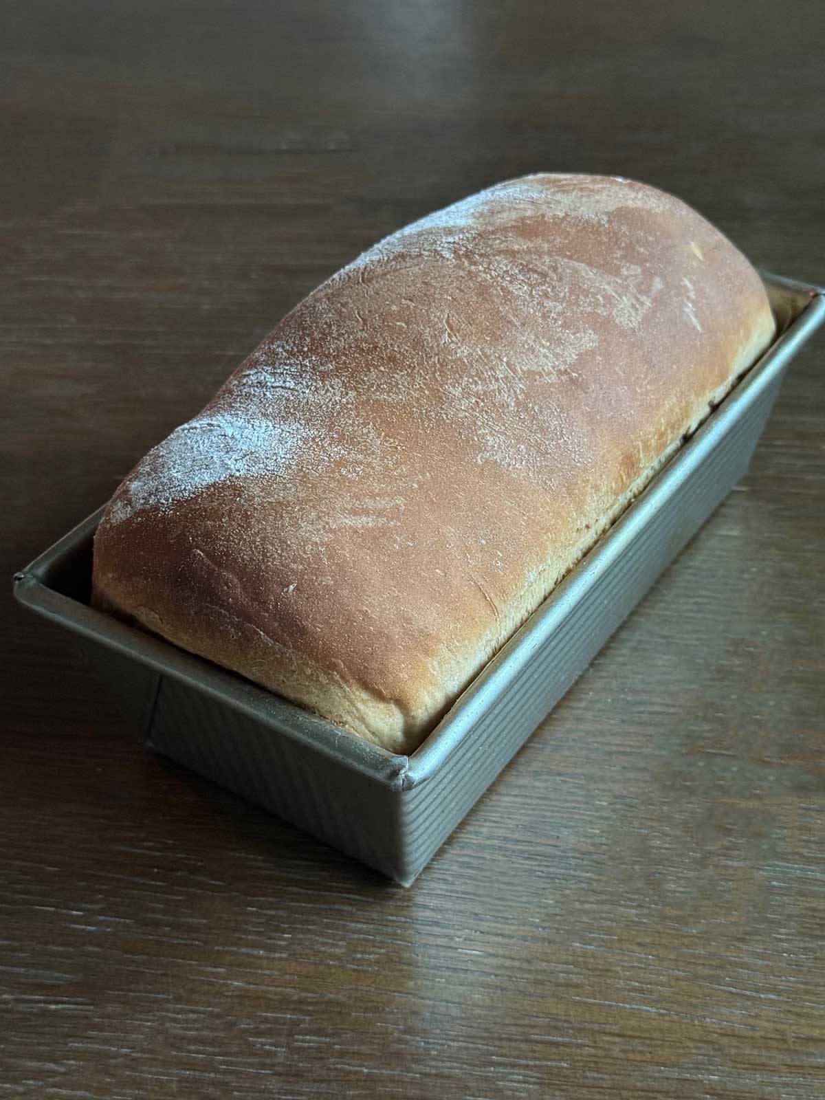 A loaf of Sourdough Cheese Swirl Bread cooling in an 8 ½ by 4 ½ inch loaf pan.