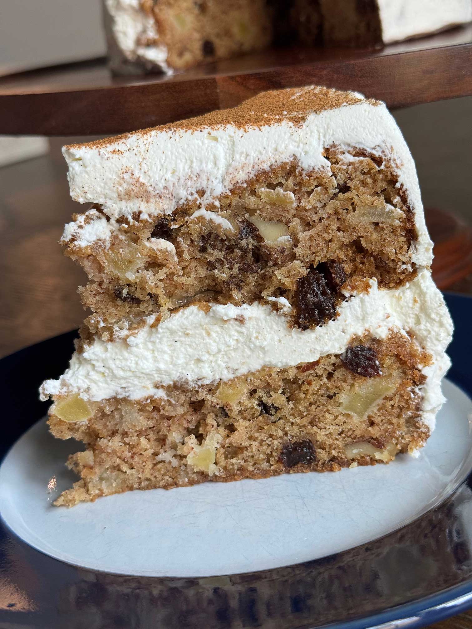 Slice of Hellmann's Mayonnaise Amazin' Raisin Cake with Whipped Cream Frosting