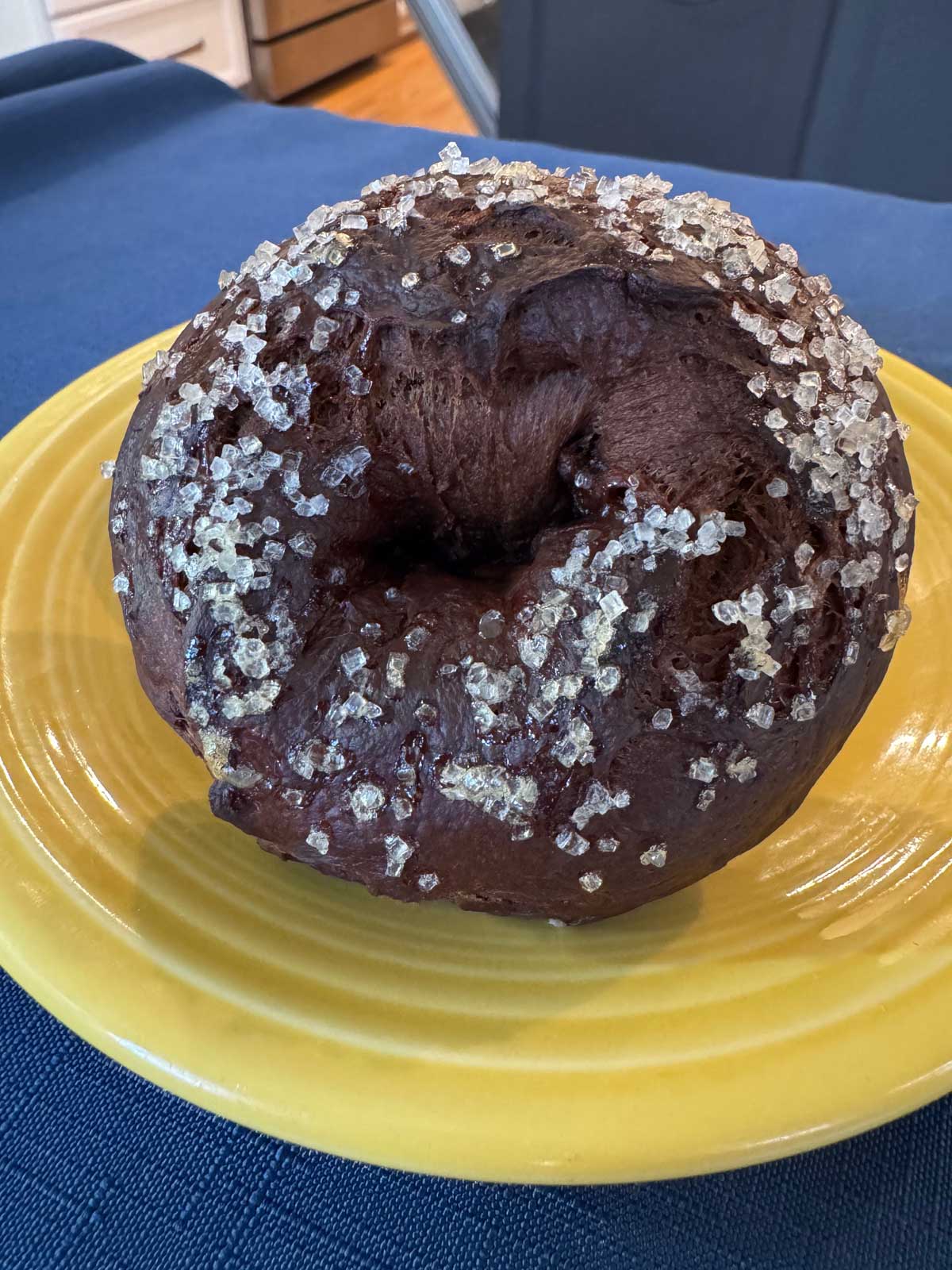 Chocolate bagel recipe with cottage cheese and dried cherries in the dough.
