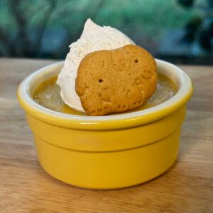 Individual Maple Custards baked in 4 oz ramekins and served with animal crackers.