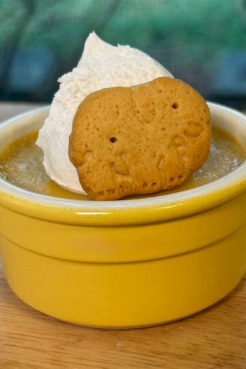Individual Maple Custards baked in 4 oz ramekins and served with animal crackers.