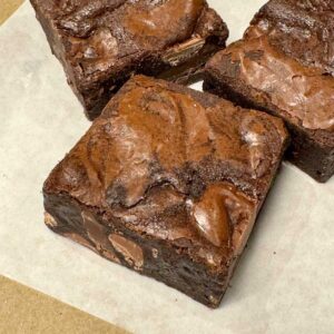 Malted Fudge Brownies showing milk and dark chocolate chunks.