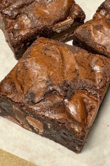 Malted Fudge Brownies showing milk and dark chocolate chunks.