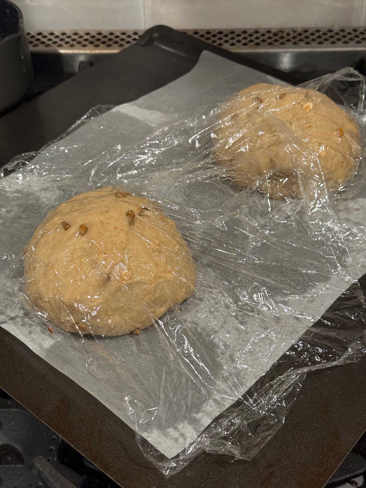 Two loaves of Dakota bread rising on a sheet pan.