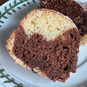 Slice of Moist Sour Cream Marble Cake inspired by a recipe in The Settlement Cookbook.
