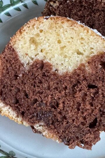 Slice of Moist Sour Cream Marble Cake inspired by a recipe in The Settlement Cookbook.