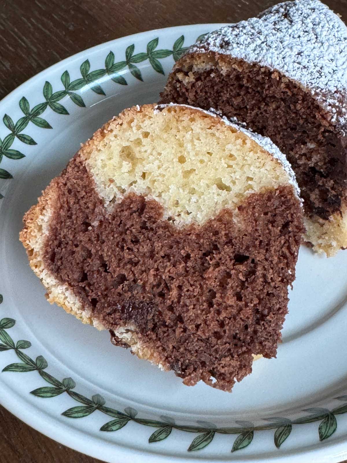 Slice of Moist Sour Cream Marble Cake inspired by a recipe in The Settlement Cookbook.