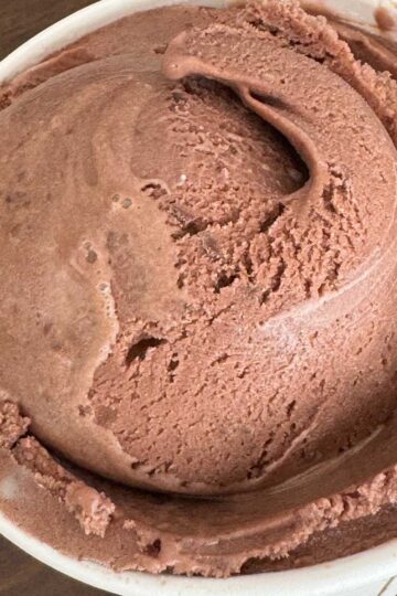 homemade chocolate ice cream made with allulose and high protein milk.
