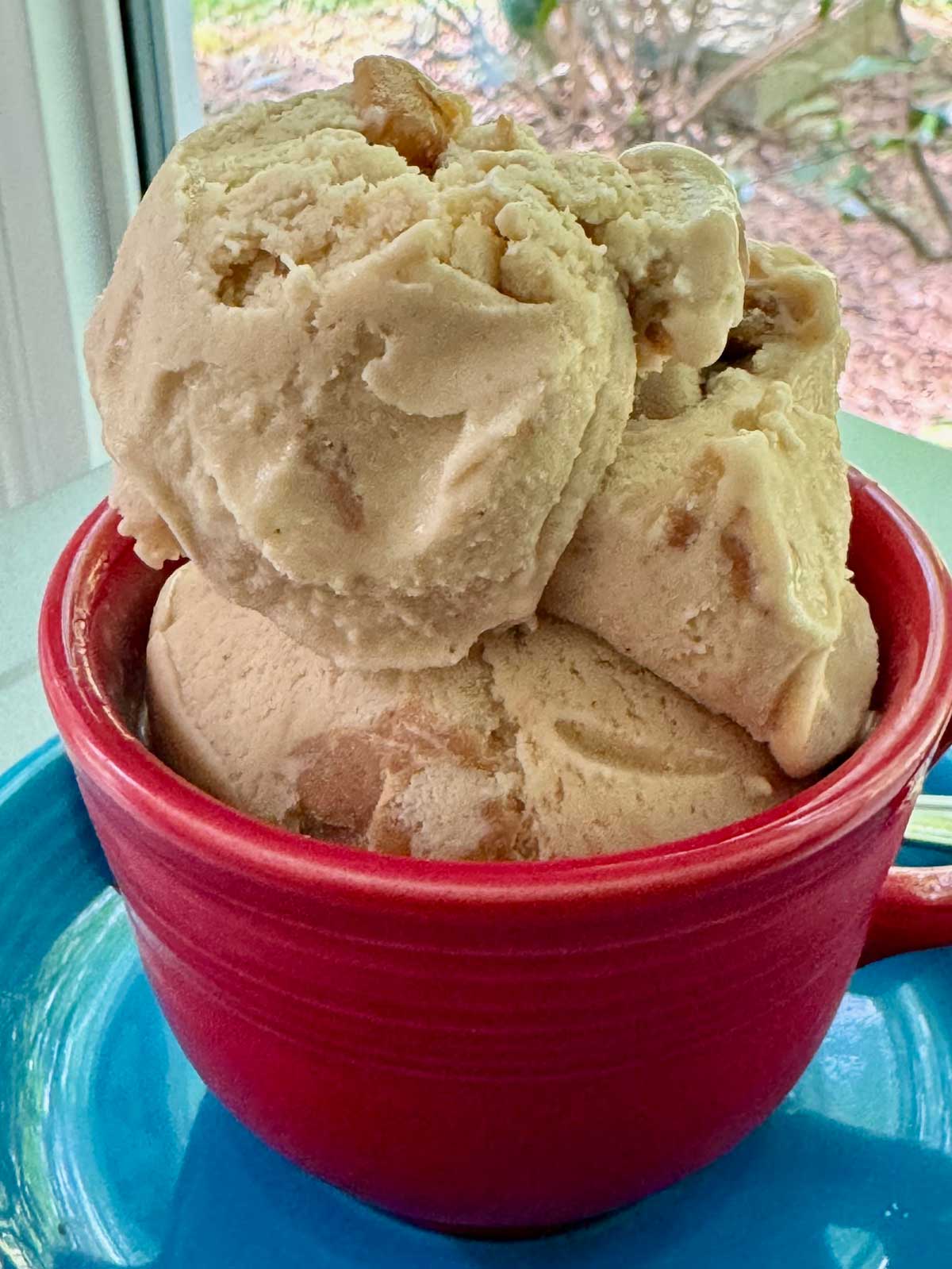 Recipe for a slightly lower calorie peanut butter ice cream made with allulose.