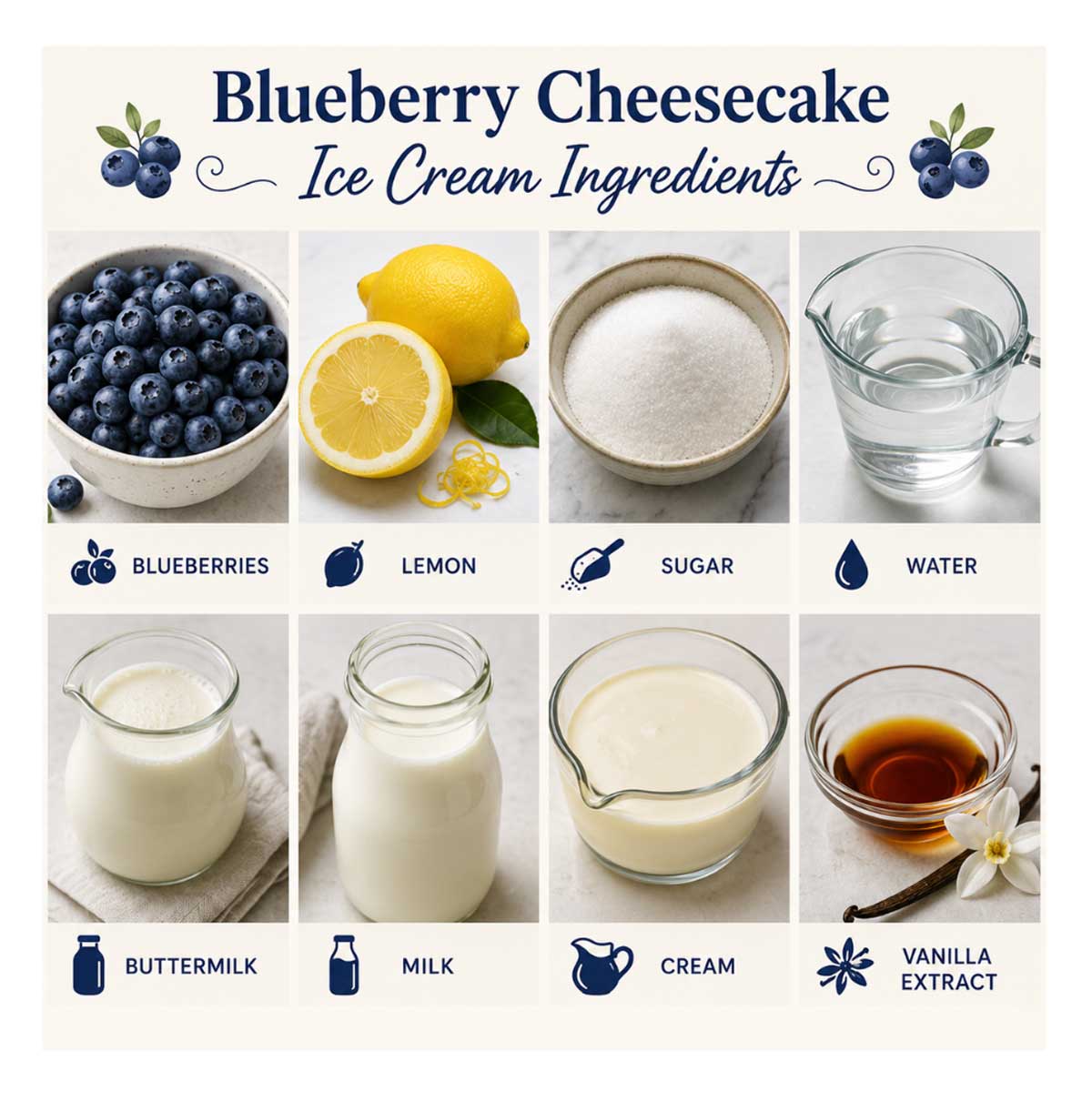 Ingredients for blueberry cheesecake ice cream photo showing blueberries, lemon, sugar, water, buttermilk, milk, cream and vanilla extract.