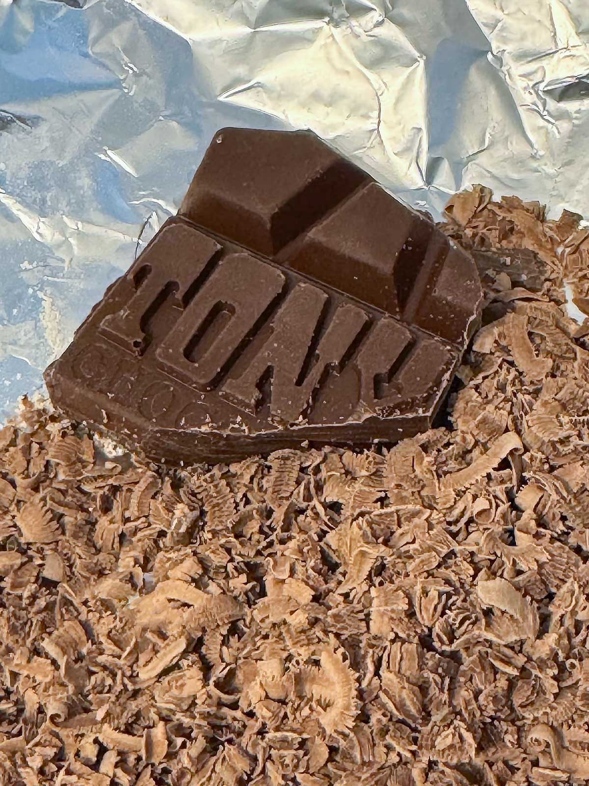 Grated Tony's milk chocolate to be used in the Urban Legend Chocolate Chip Cookies recipe.
