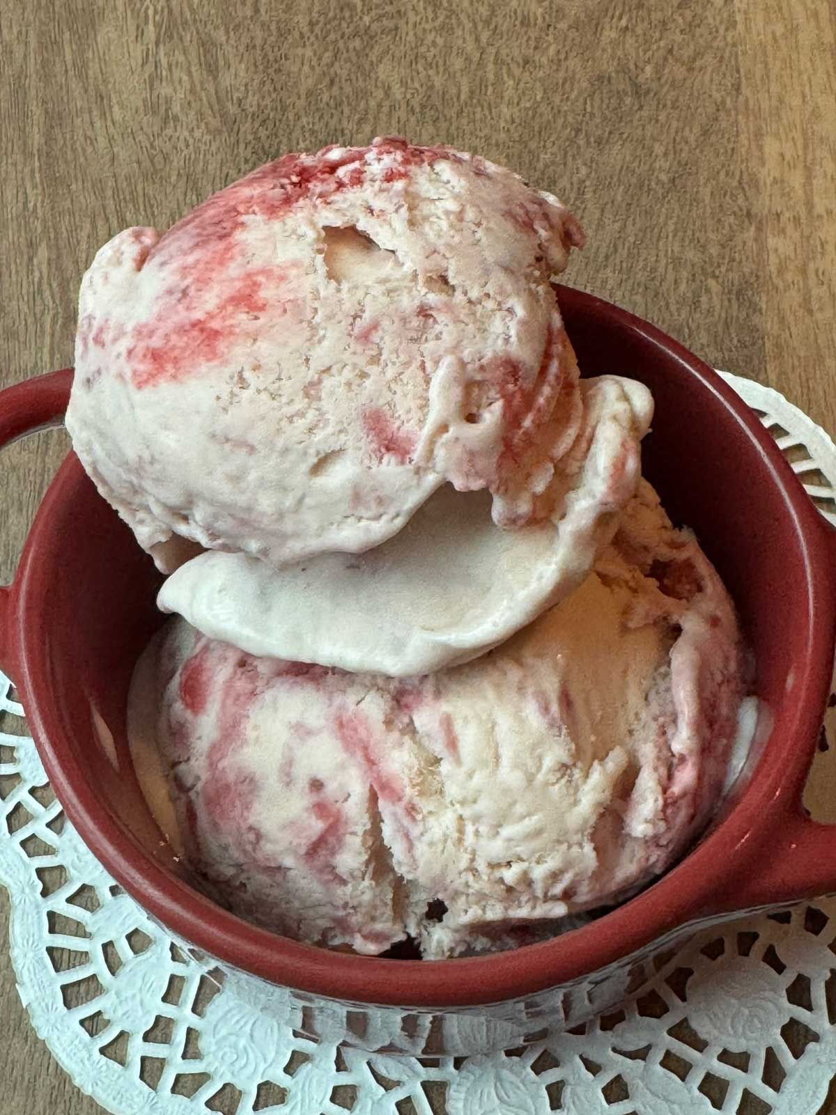 Scoopable strawberry ice cream without an ice cream maker.