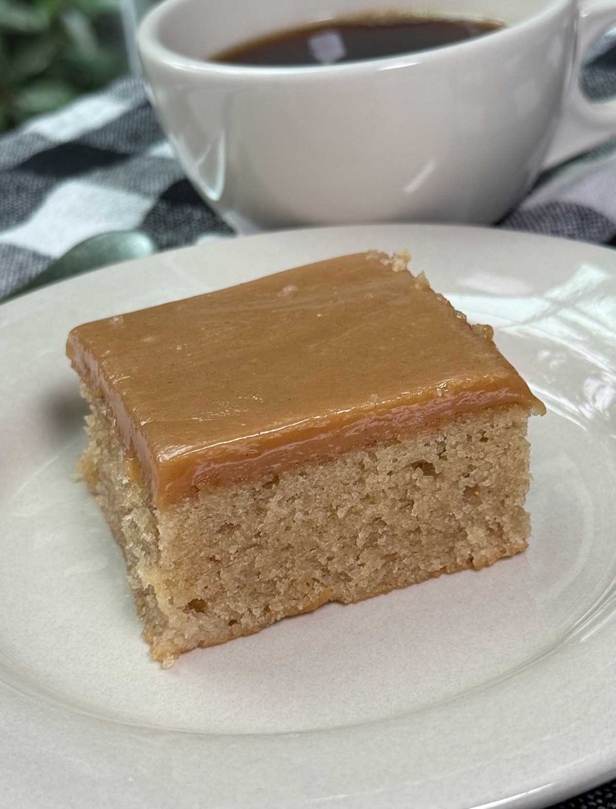A slice of School Cafeteria Peanut Butter Cake with a cup of coffee.