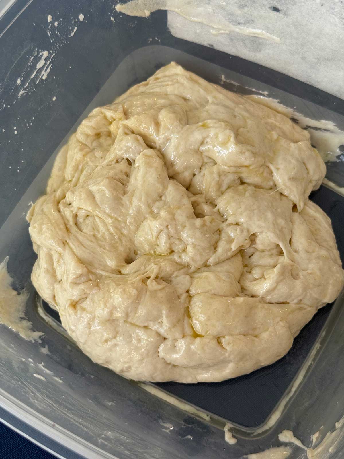 Focaccia dough sitting in a tub with oil and salt.