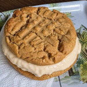 An ice cream sandwich cookie made with two America's Test Kitchen chewy peanut butter cookies and peanut butter ice cream.