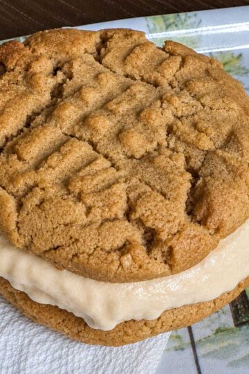 An ice cream sandwich cookie made with two America's Test Kitchen chewy peanut butter cookies and peanut butter ice cream.